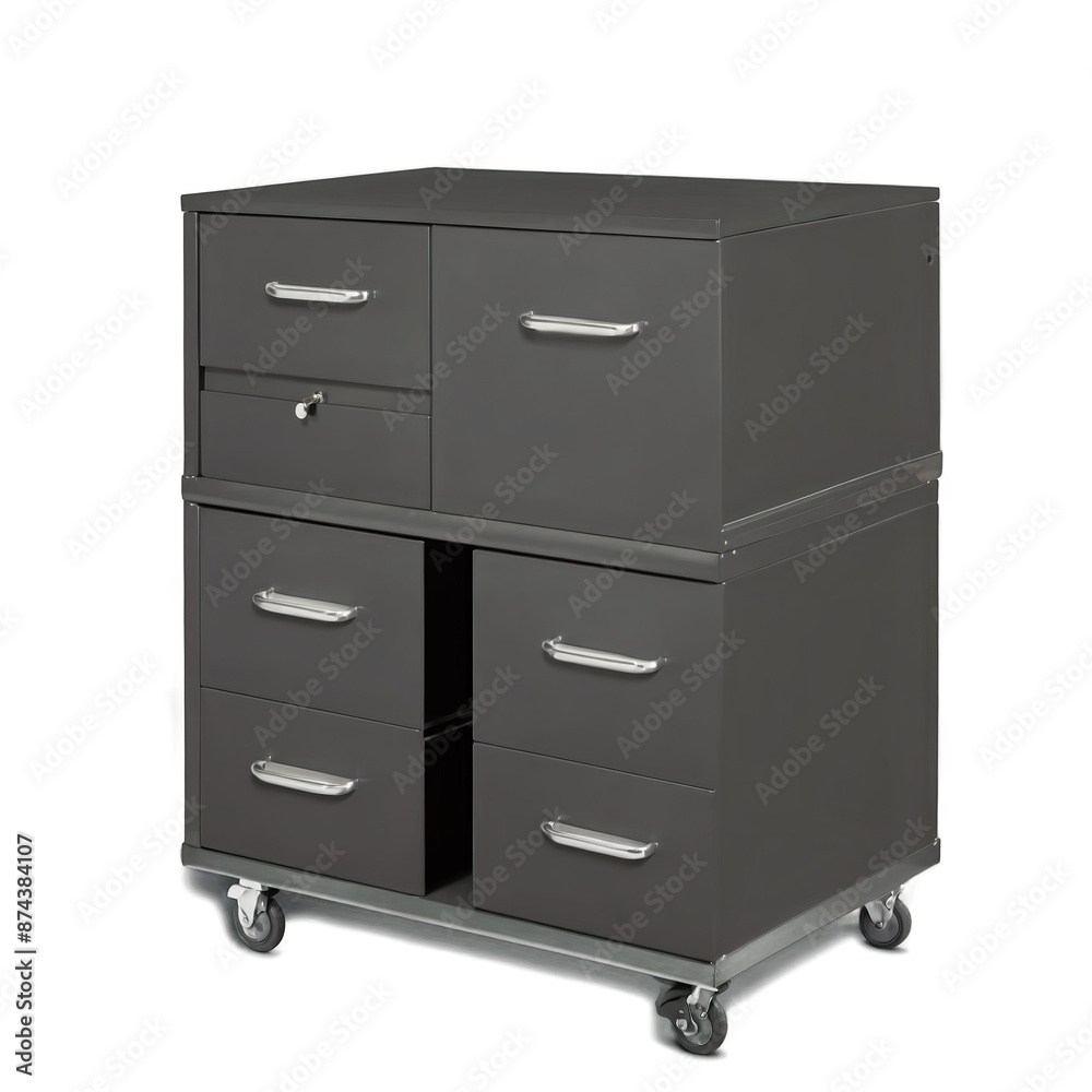 A rectangular storage unit made of sy materials with round metallic handles on each drawer.. A rectangular storage unit made of sy materials with round metallic handles on each drawer..