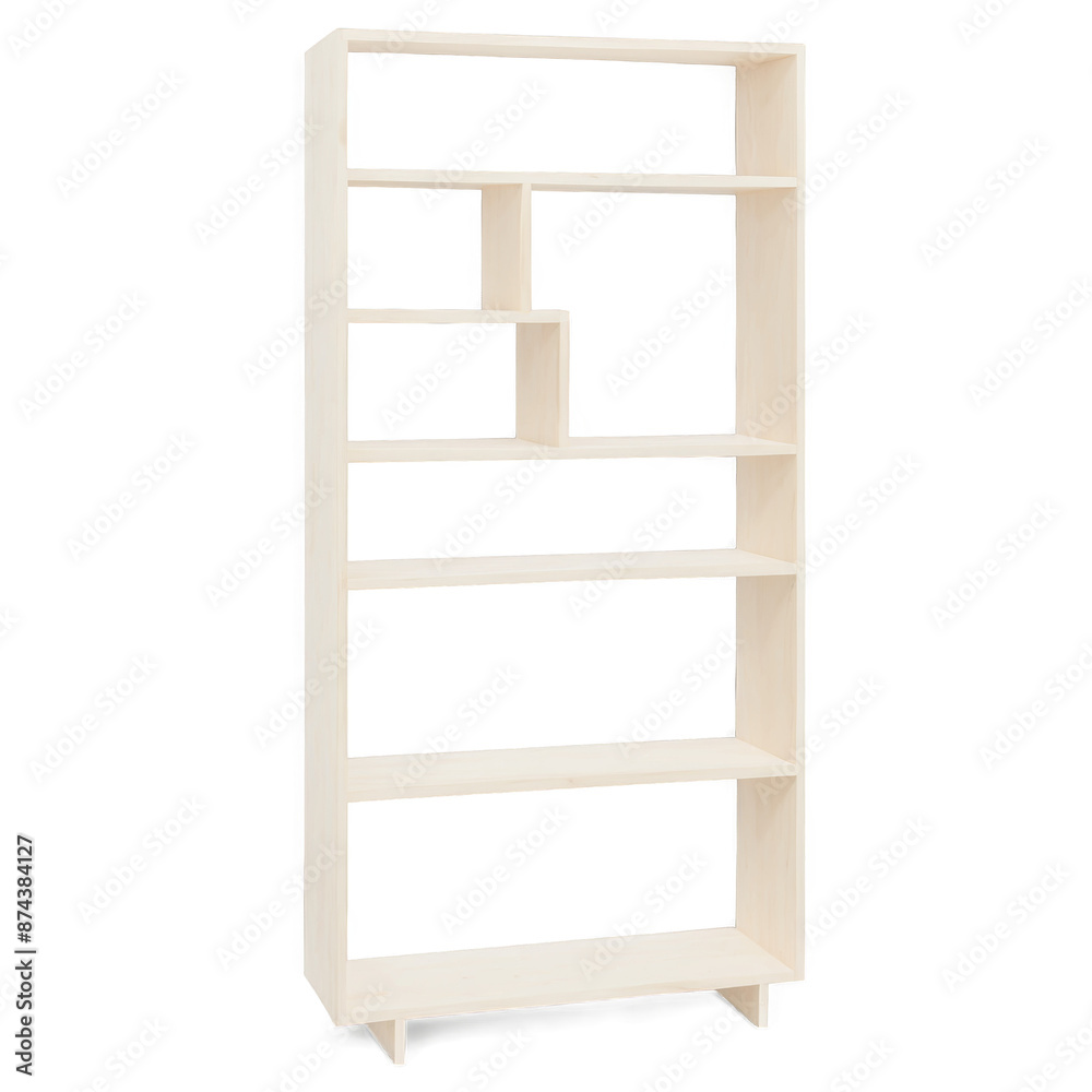 A minimalist and contemporary shelving unit constructed from sy wood and finished with a light neutral color. It has several open shelves creating a visually appealing display for. A minimalist and contemporary shelving unit constructed from sy wood and finished with a light neutral color. It has several open shelves creating a visually appealing display for.