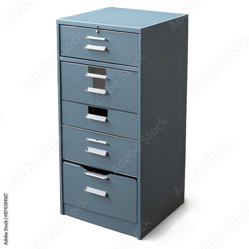 A fixture with multiple vertical drawers usually used in workplaces for filing and storing papers..