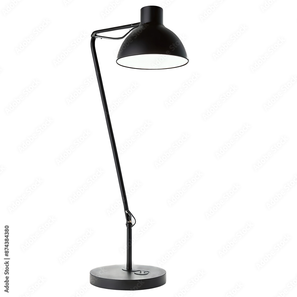 A sy desk lamp featuring a thin metal frame and a circular light head.. A sy desk lamp featuring a thin metal frame and a circular light head..