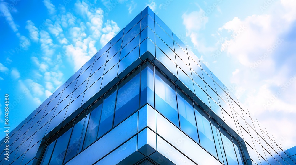Modern glass office building with reflective windows against a blue sky with clouds, showcasing contemporary architecture. Modern glass office building with reflective windows against a blue sky with clouds, showcasing contemporary architecture.