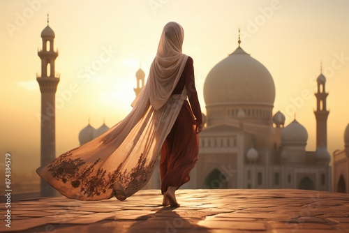 Beautiful woman in a hijab stands with her back to the camera, a mosque in the background