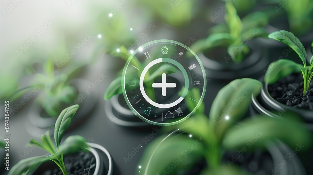 Close up of green plant seedlings growing in pots with a digital plus sign overlay, representing growth and development. Close up of green plant seedlings growing in pots with a digital plus sign overlay, representing growth and development.