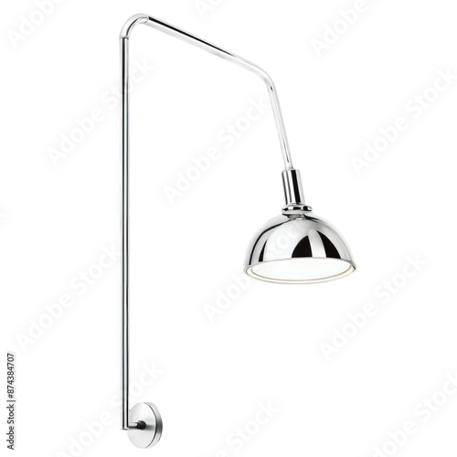 A wallmounted lamp with a long narrow body and a rounded almost orblike top. The lamp is made of shiny metal and has a polished reflective surface. It is designed to provide a. photo