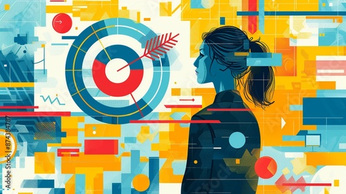 Witness the confident businesswoman showcasing a target icon symbolizing her yearly objectives. This image highlights progress in management skills