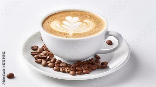 A clear photo-realistic image of a cappuccino in a white cup, with coffee beans artistically arranged around it, set against a white background