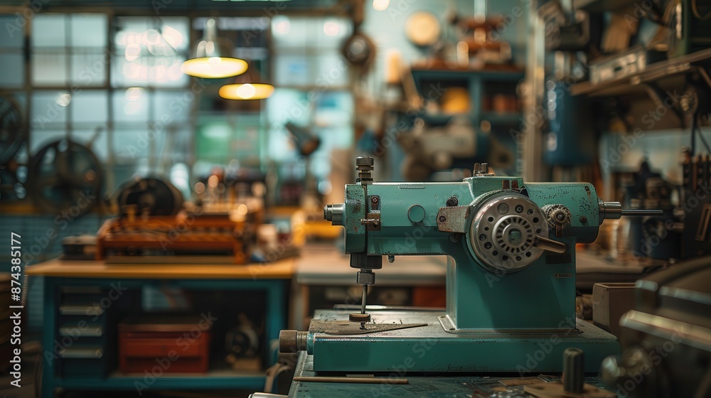 Fototapeta premium Vintage workshop with industrial machinery, tools, and equipment. Rustic setting for mechanical and engineering projects.