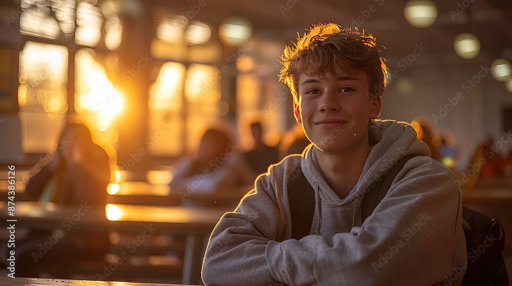 Portrait of a 14 year old teenage boy sitting in a classroom in early morning on back to school day Portrait of a 14 year old teenage boy sitting in a classroom in early morning on back to school day