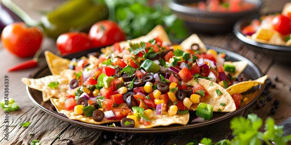 Texan-style Veggie Texas Caviar Nachos A Versatile Dish for Different Diets. Concept Texan cuisine, Vegetarian recipes, Tex-Mex dishes, Healthy eating, Party appetizers Texan-style Veggie Texas Caviar Nachos A Versatile Dish for Different Diets. Concept Texan cuisine, Vegetarian recipes, Tex-Mex dishes, Healthy eating, Party appetizers