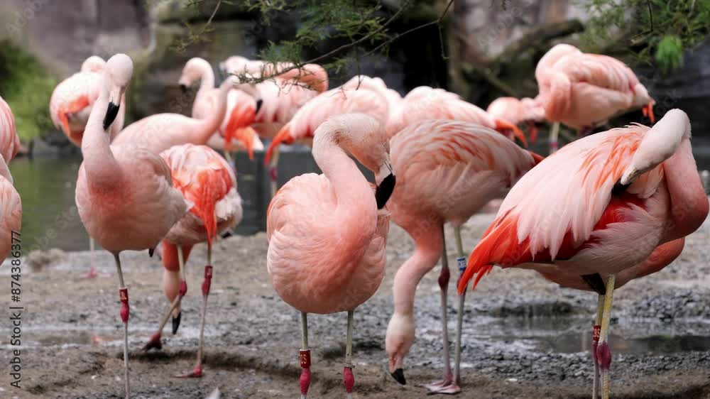 Pink exotic flamingo farm. Incredible, beautiful exotic birds near the pond. Pink exotic flamingo farm. Incredible, beautiful exotic birds near the pond.