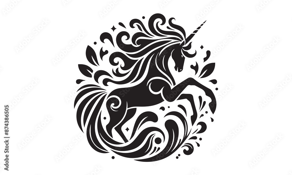 unicorn, Magic unicorn silhouette, Silhouette of a flying unicorn, Unicorn head circle tattoo illustration, horses tattoo. Black unicorn silhouette vector style and white background unicorn, Magic unicorn silhouette, Silhouette of a flying unicorn, Unicorn head circle tattoo illustration, horses tattoo. Black unicorn silhouette vector style and white background