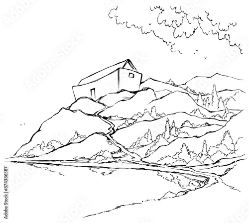 Vector drawing. Noah's ark on the mpuntains