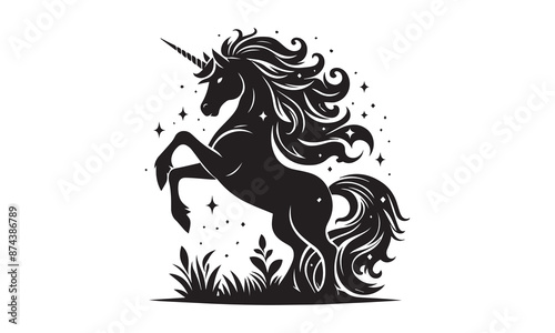 unicorn, Magic unicorn silhouette, Silhouette of a flying unicorn, Unicorn head circle tattoo illustration, horses tattoo. Black unicorn silhouette vector style and white background © creative.vector