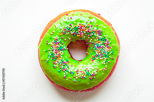 donut one green glazed thick with sprinkles isolated on white, top view