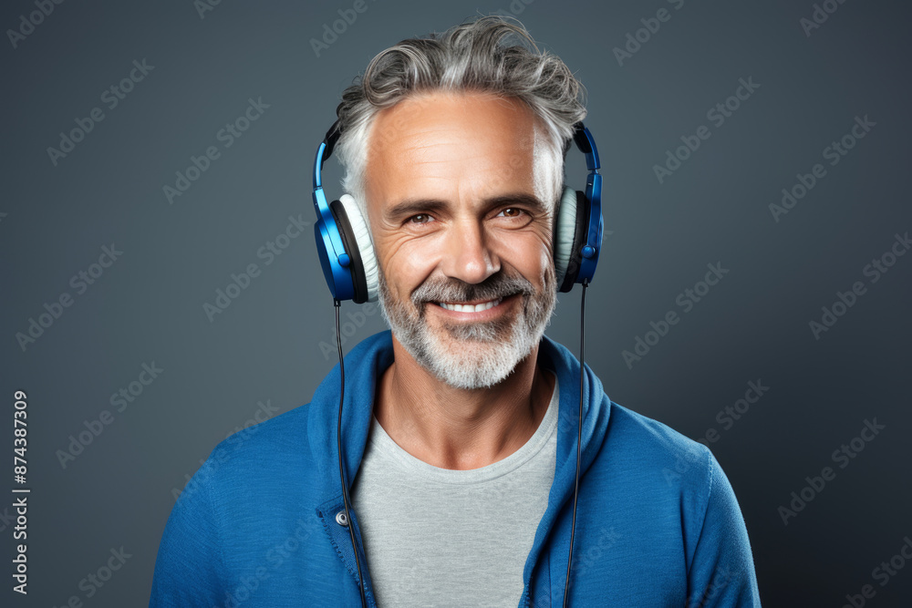 Portrait of smiling middle-aged man with headphones on gray background Portrait of smiling middle-aged man with headphones on gray background