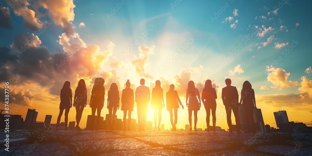 Fototapeta premium A group of people are standing in front of a sunset, with the sun shining brightly on them. Scene is one of unity and togetherness, as the group of people are all standing together