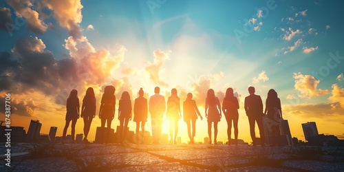 A group of people are standing in front of a sunset, with the sun shining brightly on them. Scene is one of unity and togetherness, as the group of people are all standing together