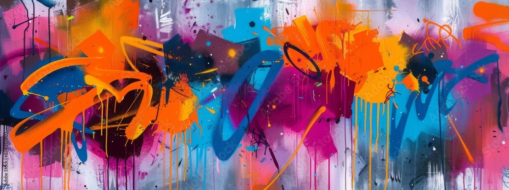 Fototapeta premium Colorful Graffiti Pattern - Urban Street Art, Weathered Concrete Wall, Seamless Design