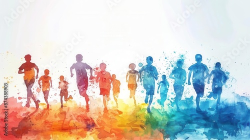 Back to school sports event, students with local team, energetic atmosphere, Watercolor style, white background