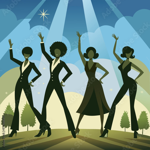 silhouettes of dancing girls, silhouettes of dancing people, group of people, silhouettes of people dancing, group of children playing, Silhouettes of Joyful Children Playing and Dancing People 