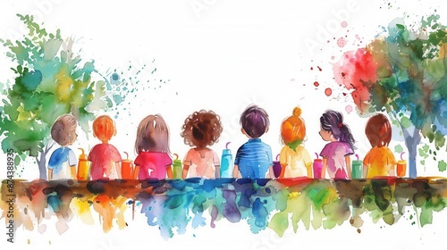 Breakfast gathering, back to school, parents and teachers, community building, Watercolor style, white background