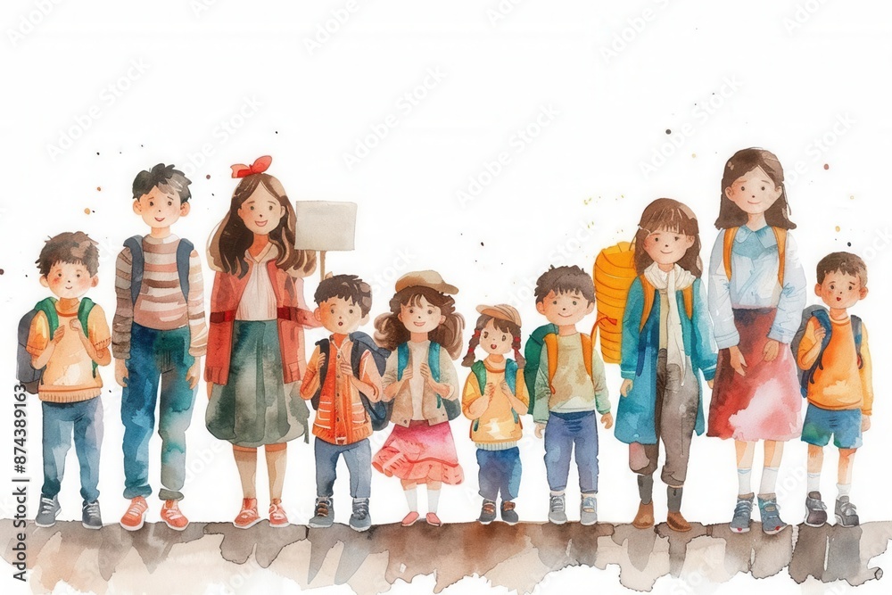 Obraz premium Teacher with welcoming sign, back to school, parents and students together, Watercolor style, white background