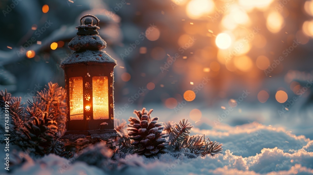 Winter Wonderland Scene with Lantern and Pine Cones Generative AI Winter Wonderland Scene with Lantern and Pine Cones Generative AI