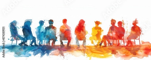 Stress management class, back to school, students discussing mental health, Watercolor style, white background