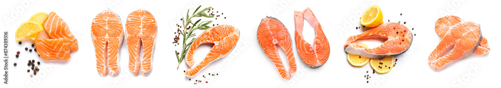 Set of raw salmon steaks on white background Set of raw salmon steaks on white background
