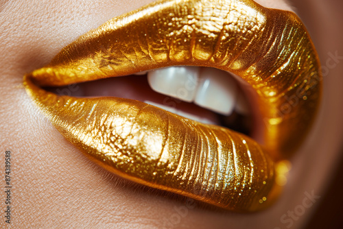 women lips in close-up painted with bright gold shiny lipstick