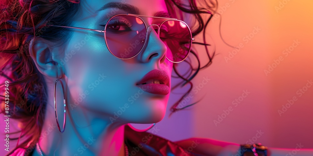 Fototapeta premium A woman with long hair and sunglasses is standing in front of a colorful background. Concept of glamour and sophistication, as the woman is dressed in a stylish outfit and is wearing sunglasses