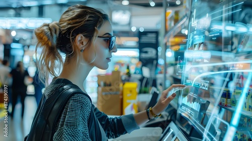 Futuristic Retail Checkout with Holographic Transaction Data for Woman Shopping