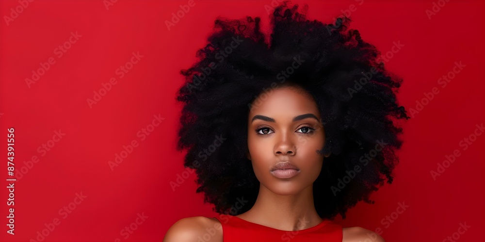 Portrait of an African American woman showcasing her natural black hair against a vibrant red studio background. Concept Photography, Portrait, African American, Natural Hair, Red Background Portrait of an African American woman showcasing her natural black hair against a vibrant red studio background. Concept Photography, Portrait, African American, Natural Hair, Red Background