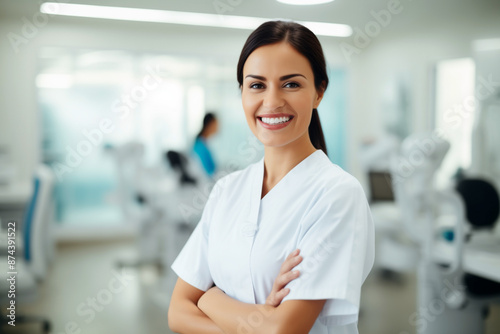 dentist woman happy in white medical clothes on the background of a blurred dental office Free Download dentist woman happy in white medical clothes on the background of a blurred dental office - GFXLoad