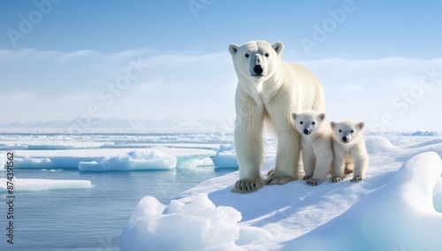 Polar bear family on the pack ice, north of Svalbard Arctic Norway