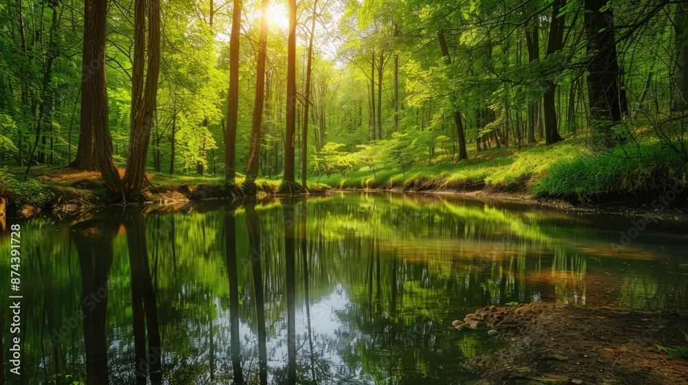 A serene lake surrounded by trees with a bright sun shining on the water. Generate AI image A serene lake surrounded by trees with a bright sun shining on the water. Generate AI image