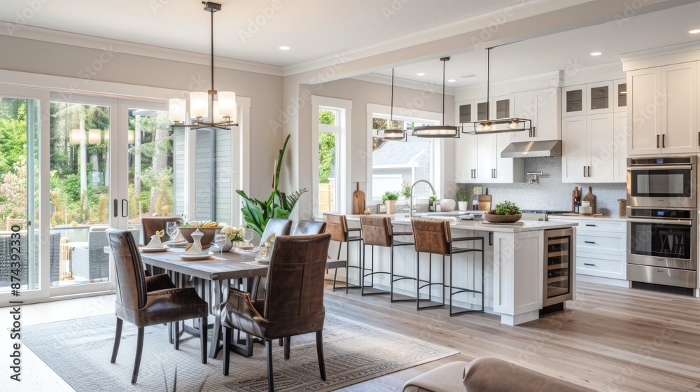 A large open living room with a kitchen and dining room. Generate AI image A large open living room with a kitchen and dining room. Generate AI image