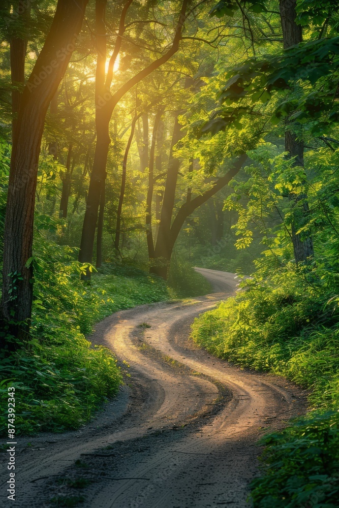 Obraz premium Serene Forest Pathway at Sunrise with Lush Greenery and Winding Dirt Road