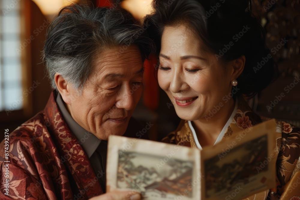 Fototapeta premium An Asian man surprises his wife with a first-class plane ticket tucked inside a delicate silk envelope. Both share a look of excitement
