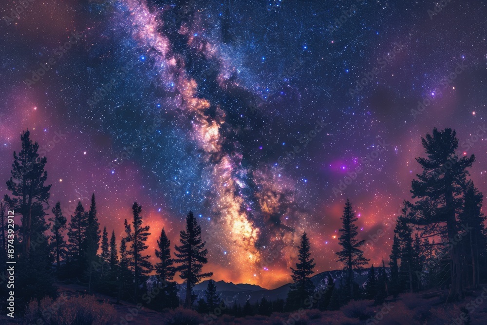 Stunning Night Sky with Milky Way Galaxy Over Forest Landscape in Vibrant Colors Stunning Night Sky with Milky Way Galaxy Over Forest Landscape in Vibrant Colors