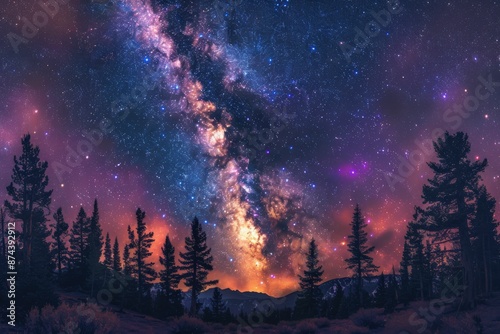Stunning Night Sky with Milky Way Galaxy Over Forest Landscape in Vibrant Colors © AIPhoto