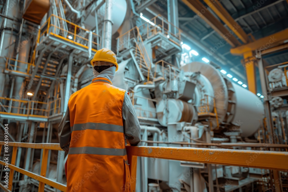 Factory worker wearing safety vest and helmet observing paper mill industrial equipment Factory worker wearing safety vest and helmet observing paper mill industrial equipment