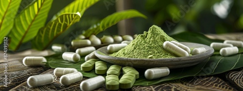 Kratom Powder and Capsules Still Life - Alternative Medicine, Fresh Green Leaves, Traditional Use, Generative AI