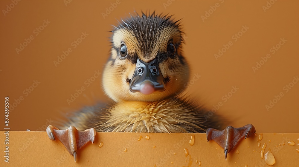 A Baby Duckling Peeking Over a Brown Surface A Baby Duckling Peeking Over a Brown Surface