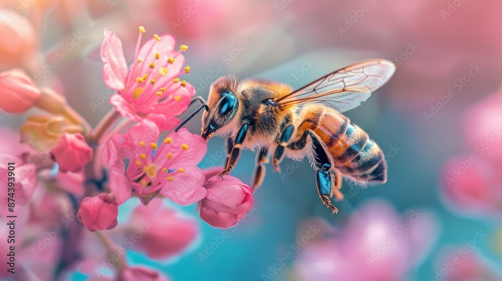 Fototapeta premium Vibrant Bee in Flight Over Pink Bloom Generative AI