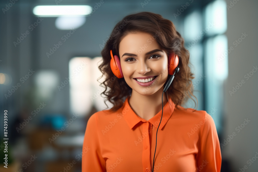 happy smile woman in headphones with microphone in orange blouse from the call center happy smile woman in headphones with microphone in orange blouse from the call center