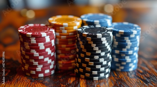 Stacks of Red and Blue Casino Chips on Wooden Table