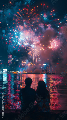 Japanese couple enjoying a fireworks festival in Tokyo at night, immersed in traditional Japanese culture. The scene captures the romance and cultural celebration against the backdrop of a vibrant Tok photo