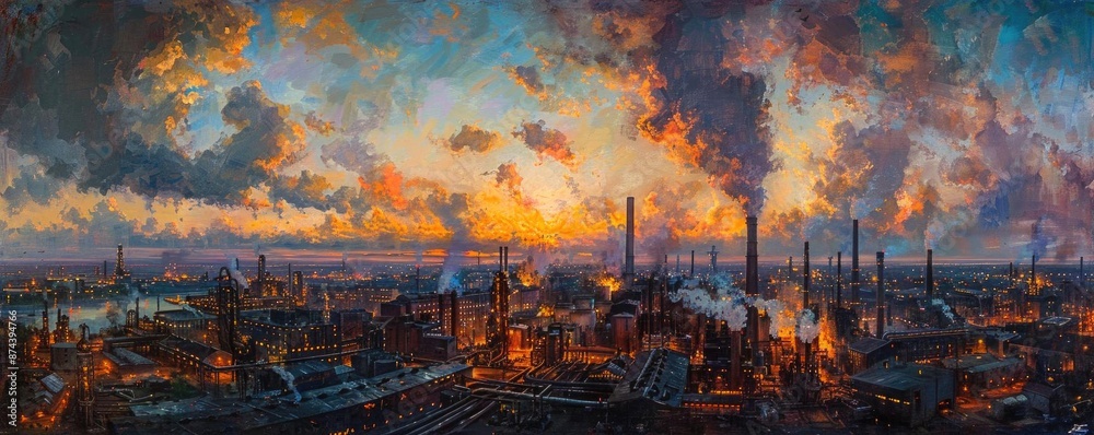 Naklejka premium Factory panorama in evening glow, high-angle perspective showing the extensive network of buildings and machinery, rich with twilight colors