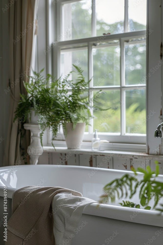 Bathroom interior with white bathtub, window and green plants